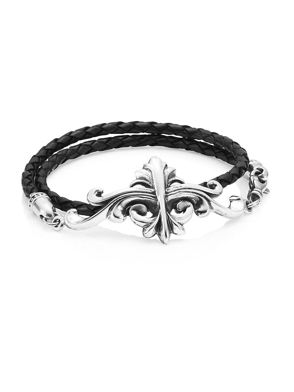 Mens Armor Sterling Silver & Leather Double Wrap Bracelet Product Image