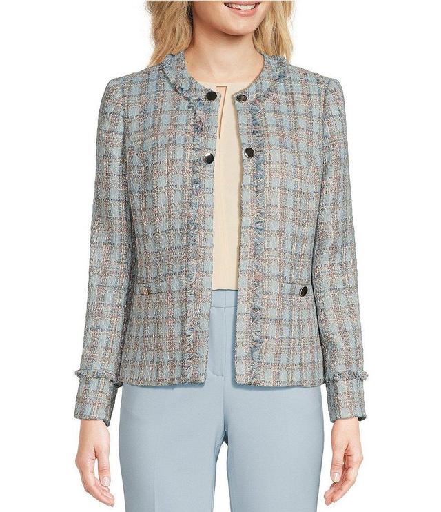 Anne Klein Tweed Round Neck Patch Pocket Long Sleeve Fringe Jacket Product Image