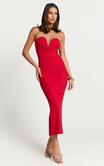 Gianni Maxi Dress - Plunge Ruched Mesh Column Dress in Red Product Image