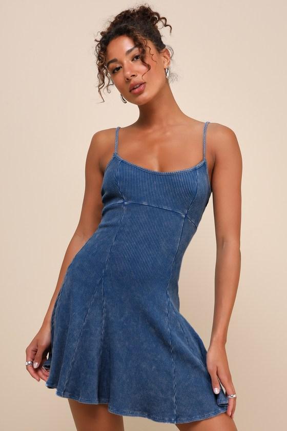 Simply Pretty Washed Blue Ribbed Pleated Sleeveless Mini Dress product image