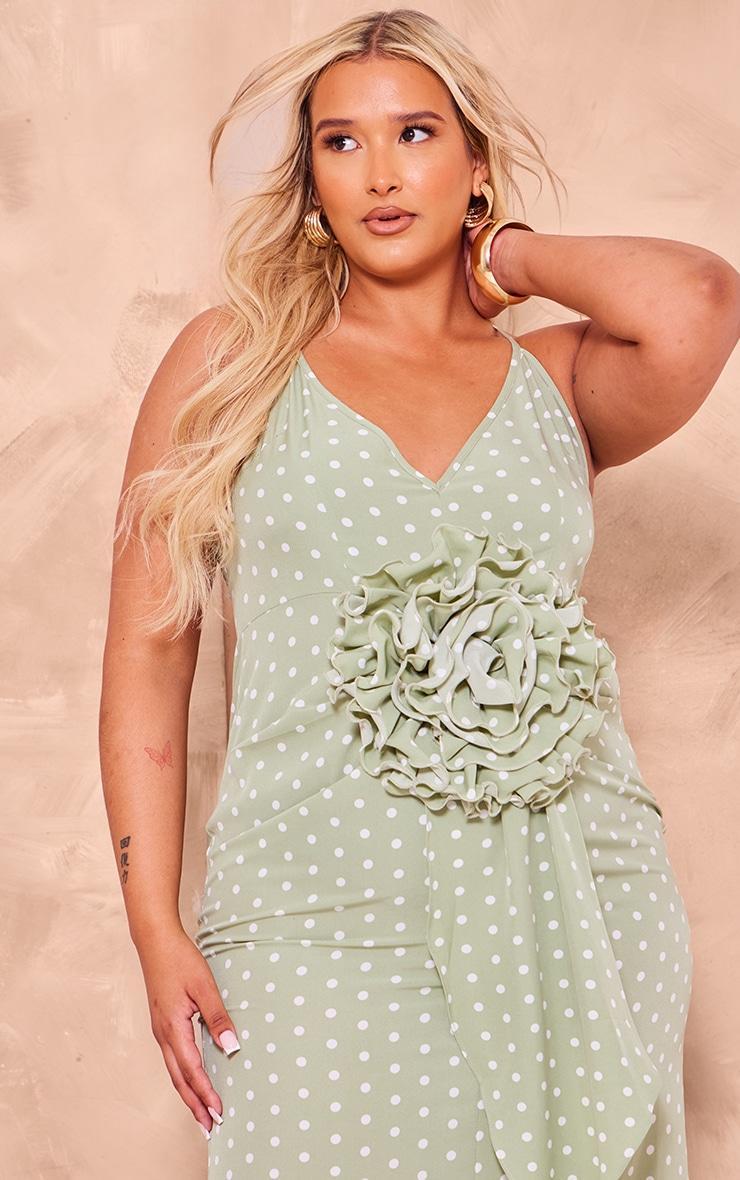 Plus Sage Polka Dot Satin Rose Detail Maxi Dress Product Image