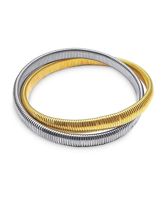 Two Tone 2 Strand Omega Snake Cobra Wide Bangle Twisted Bracelet Bands Set Interlocking Flexible Stretch Bracelets for Women Gold, Silver Plated Stain Product Image