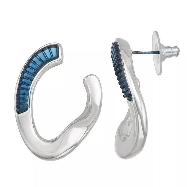 Nine West Silver Tone Blue Stone Semi Hoop Earrings, Womens Product Image