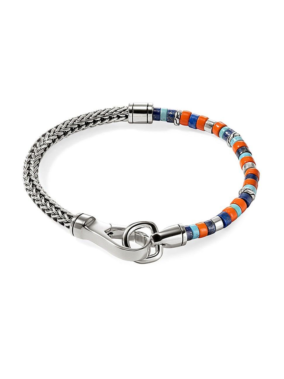 Mens Heishi Sterling Silver, Lapis Lazuli, Turquoise, & Enamel Chain Bracelet Product Image