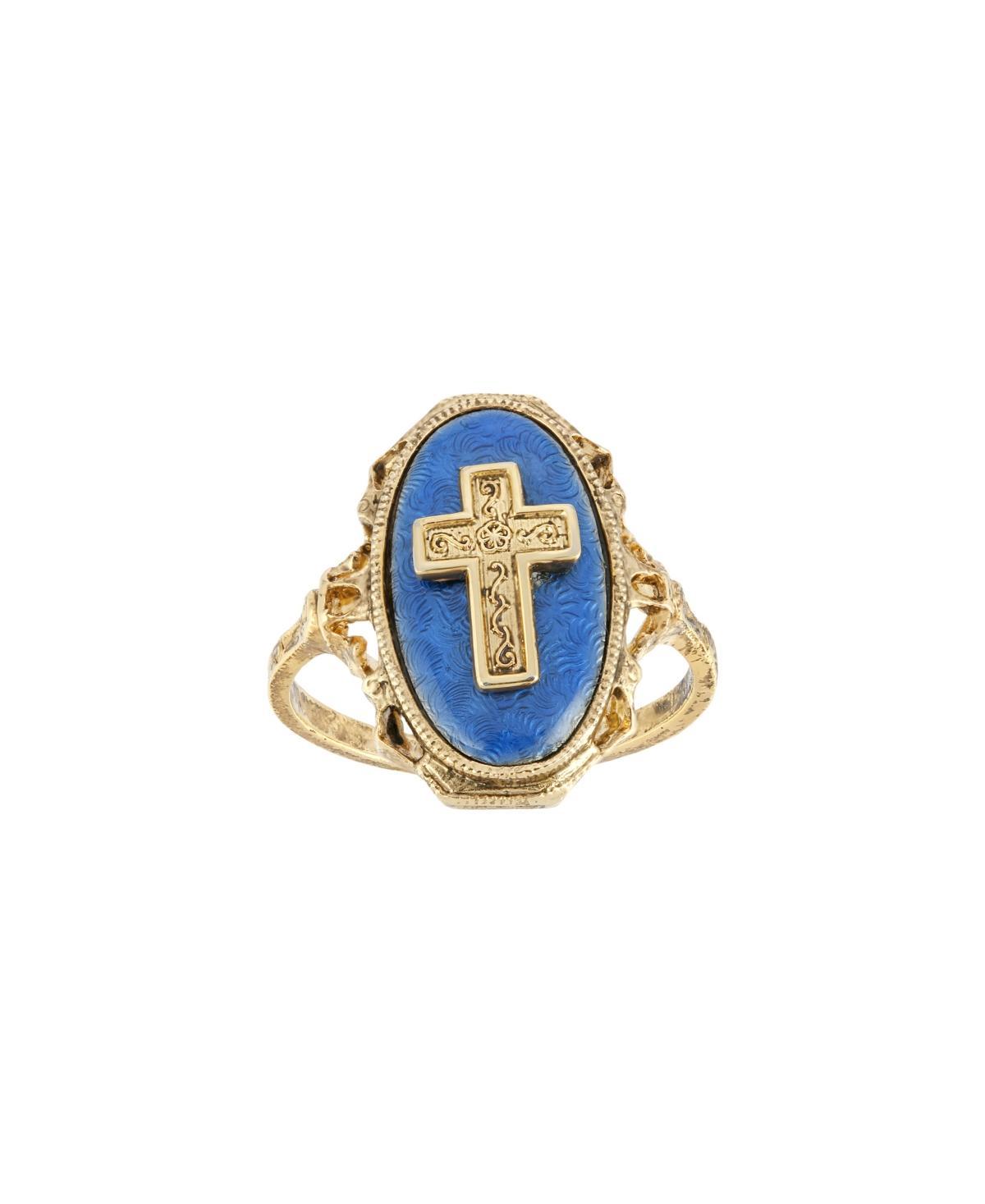 1928 Gold Tone Cross Blue Enamel Oval Ring - Size 8, Womens Product Image