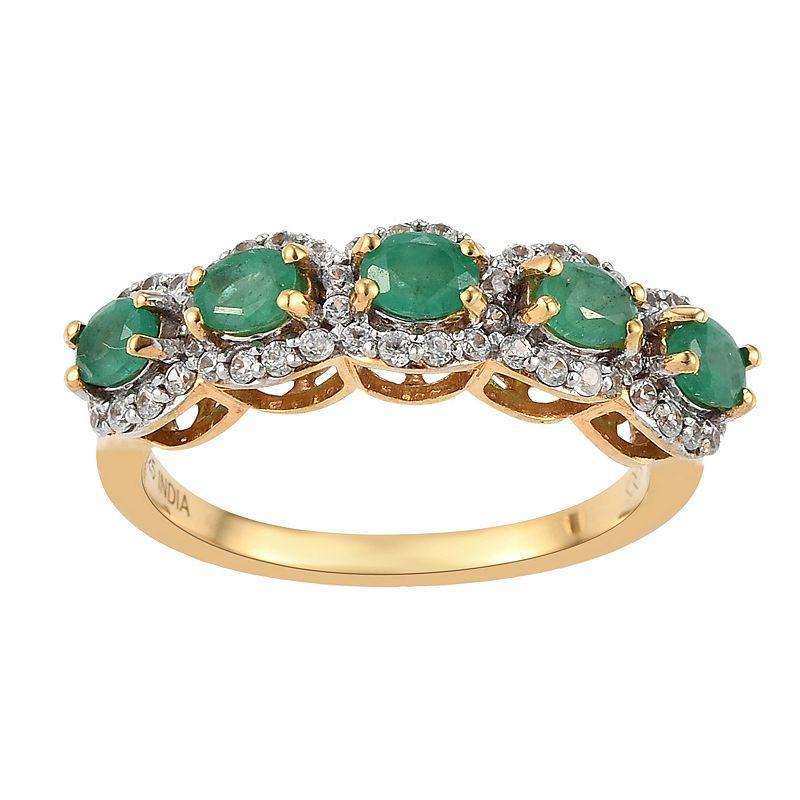 14k Gold Over Silver Oval Emerald & White Zircon Accent 5-Stone Ring, Womens Gold Tone Product Image