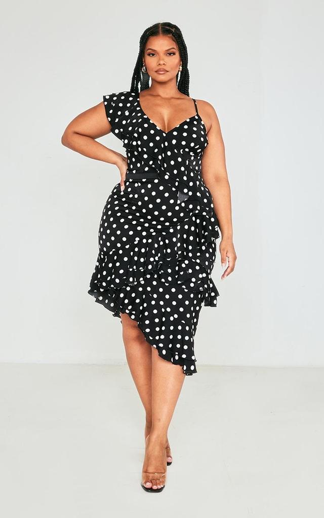 Plus Black Polka Dot Ruffle Detail Midi Dress Product Image