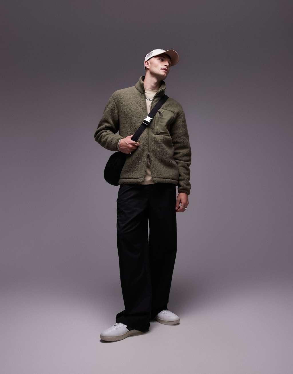 ARKET fleece pile jacket with two-way zip in khaki  Product Image