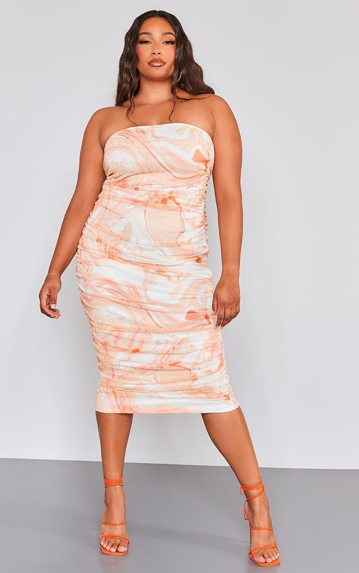 Plus Orange Mesh Bandeau Ruched Maxi Dress Product Image