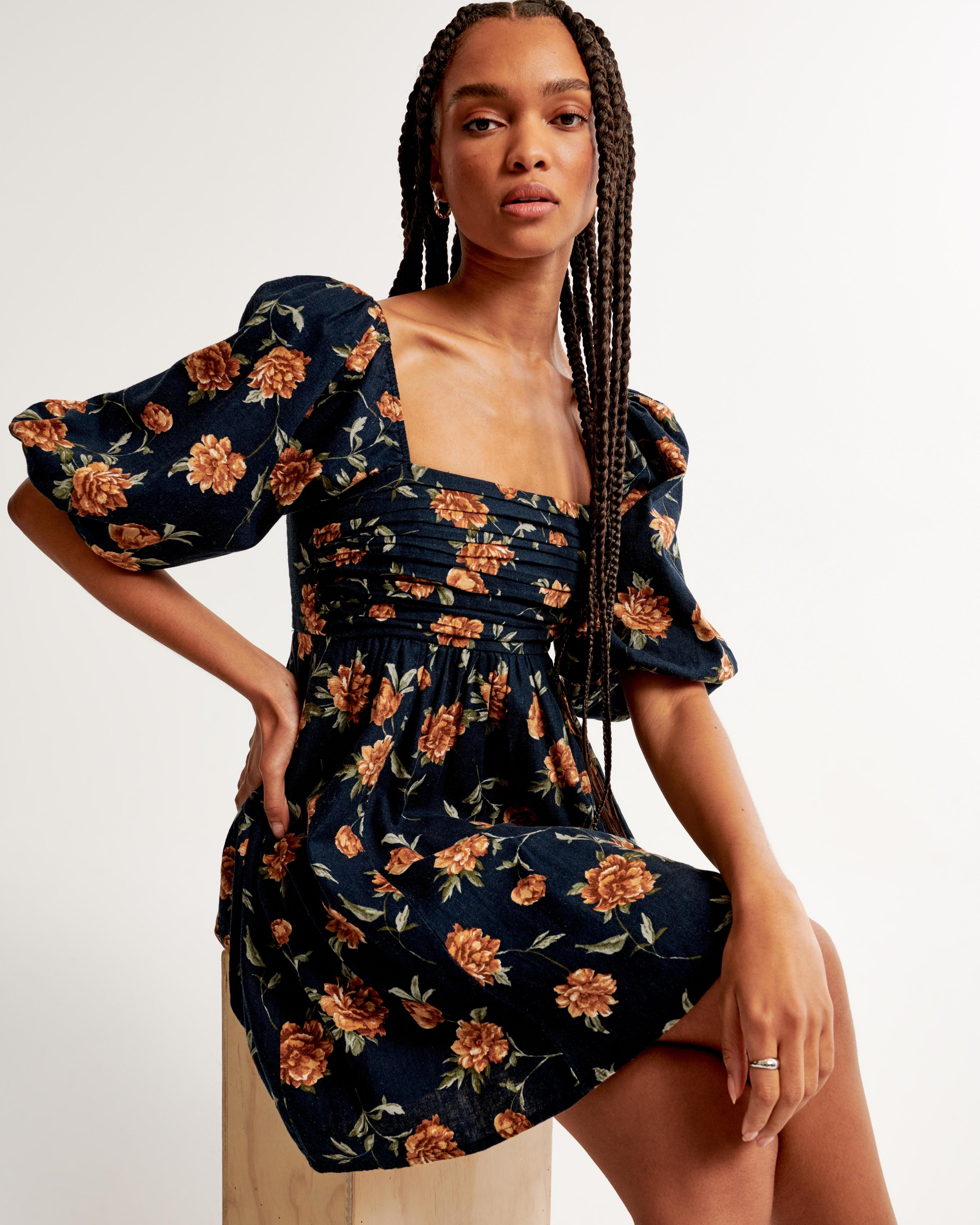 The A&F Emerson Linen-Blend Puff Sleeve Mini Dress Product Image