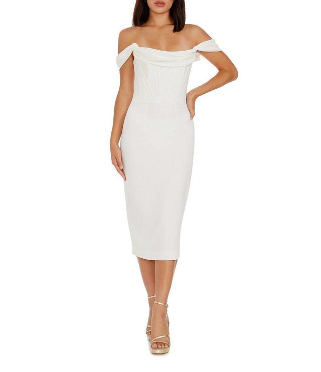 Dress the Population Vickie Off The Shoulder Corset Draped Bodycon Midi Dress Product Image