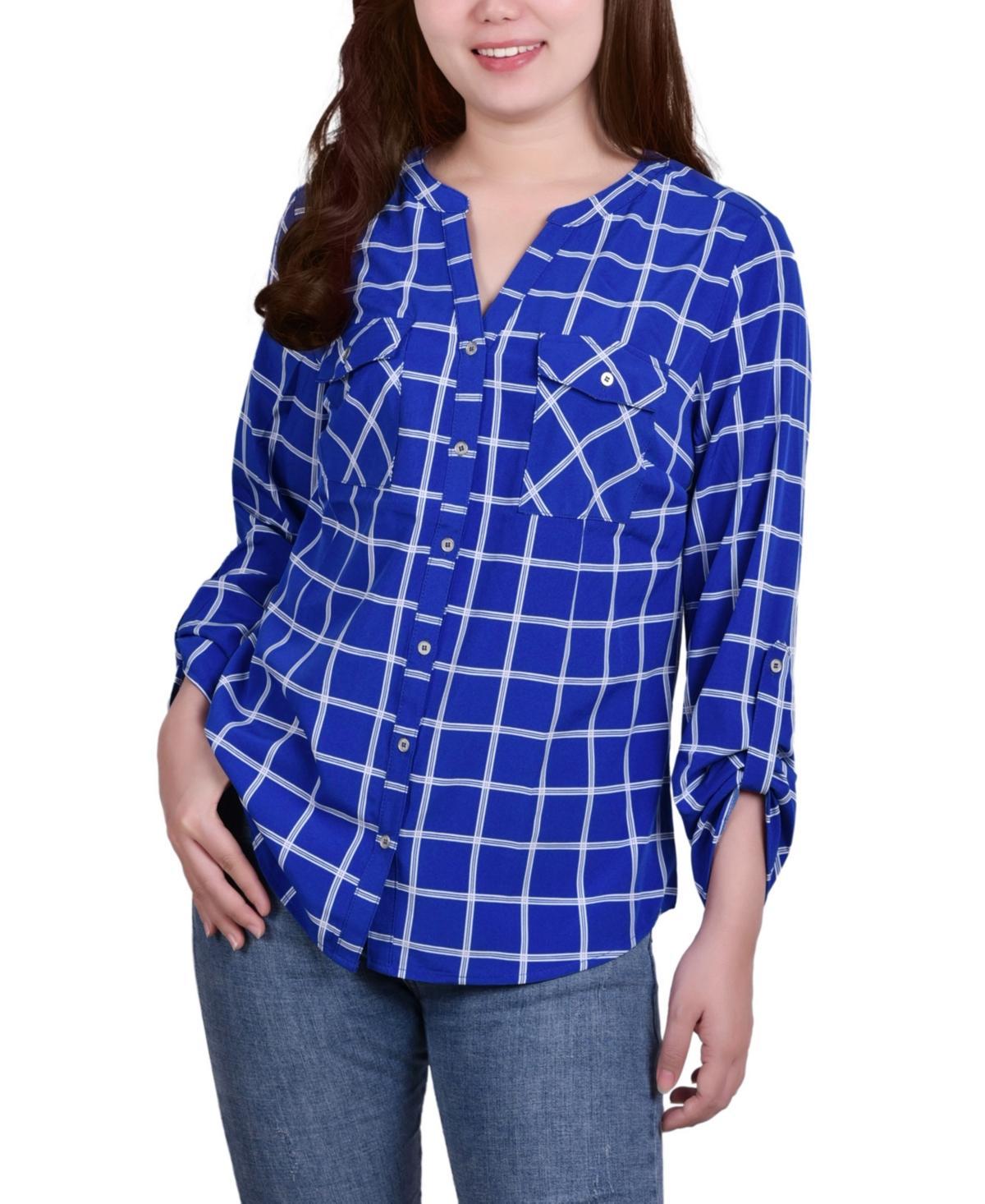 Petite 3/4 Sleeve Roll Tab Y Neck Blouse Product Image