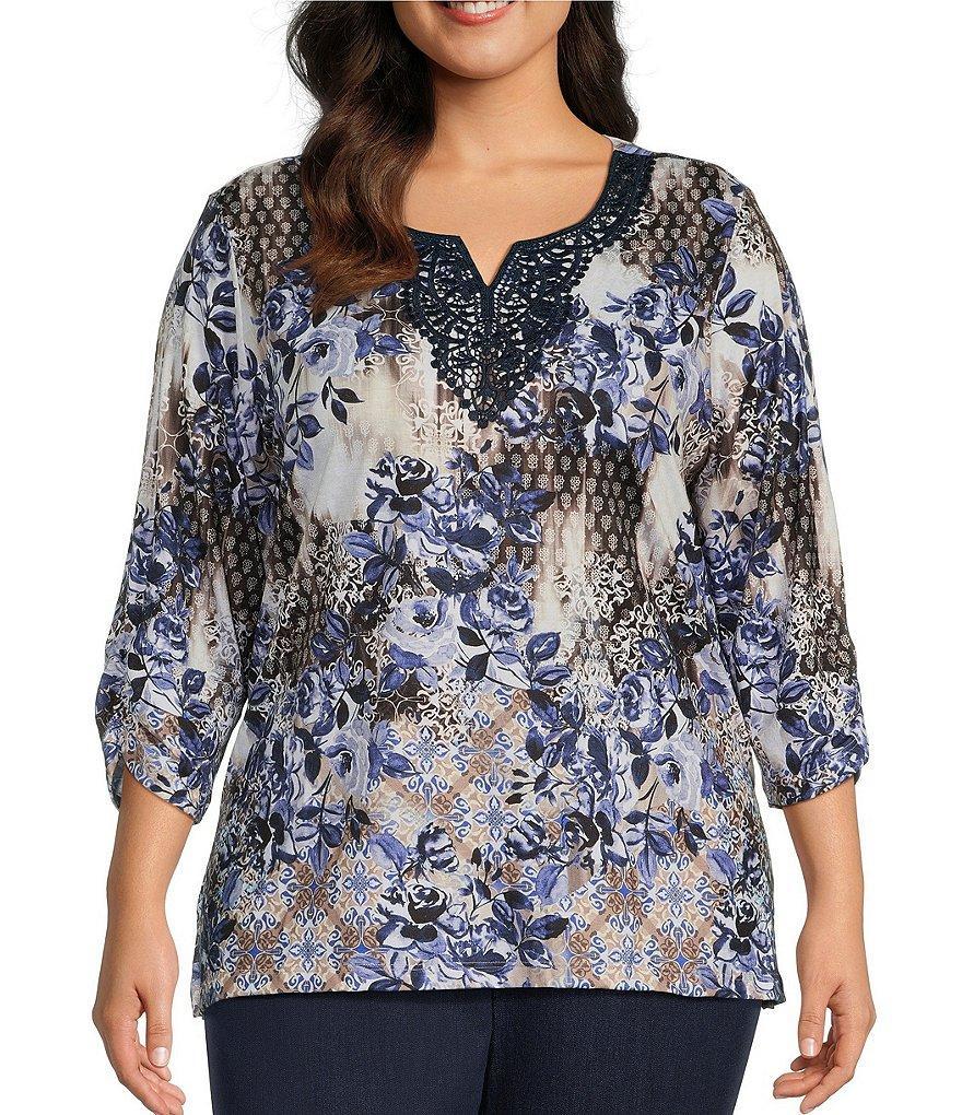 Allison Daley Plus Size Embellished Applique Split Round Neck 3/4 Ruched Sleeve Foulard Floral Print Knit Top Product Image