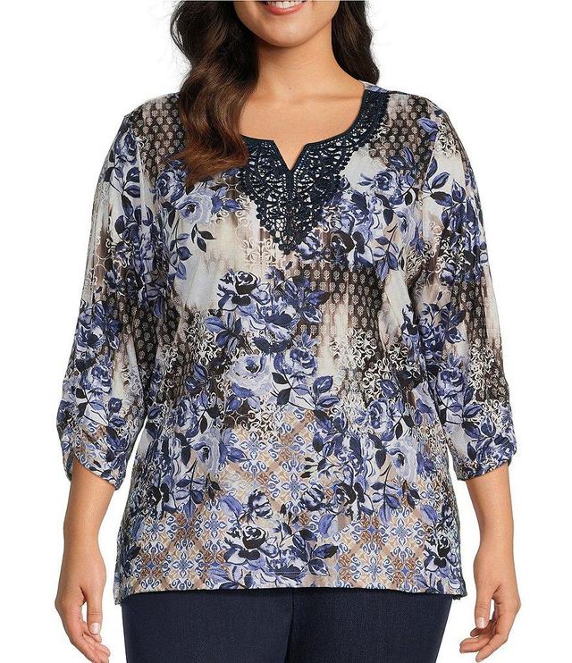 Allison Daley Plus Size Embellished Applique Split Round Neck 3/4 Ruched Sleeve Foulard Floral Print Knit Top Product Image