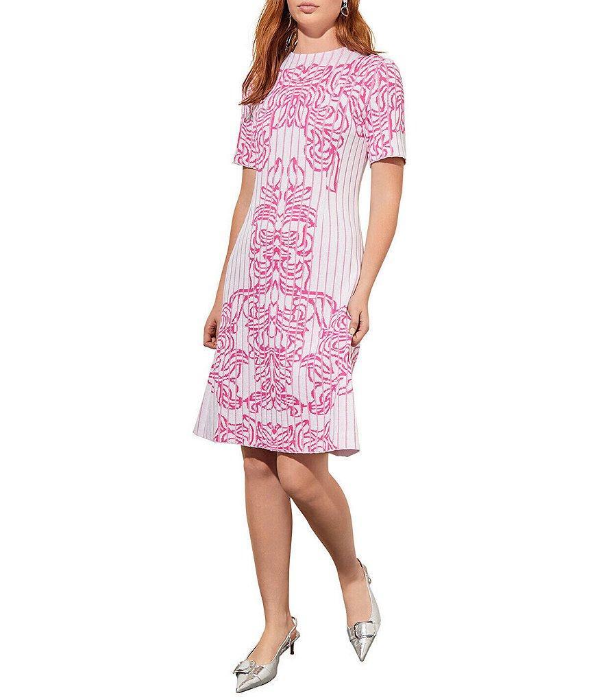 Ming Wang Placement Print Knit Stretch Jacquard Round Neck Short Sleeve A-Line Dress Product Image