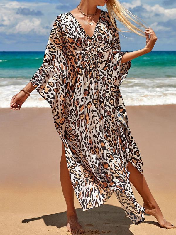 Batwing Sleeves Loose Leopard Split-Joint Split-Side Sun Protection V-Neck Beach Cover-Up Maxi Dresses Product Image