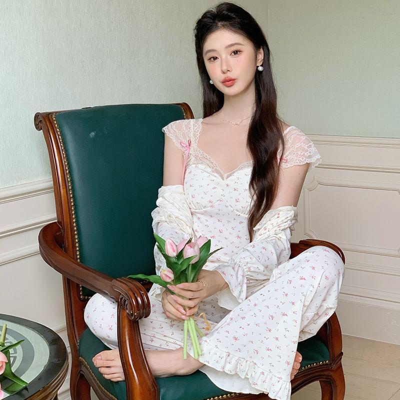 Pajama Set: Floral Lace Trim Camisole Top + Ruffle Pants + Shirt Product Image