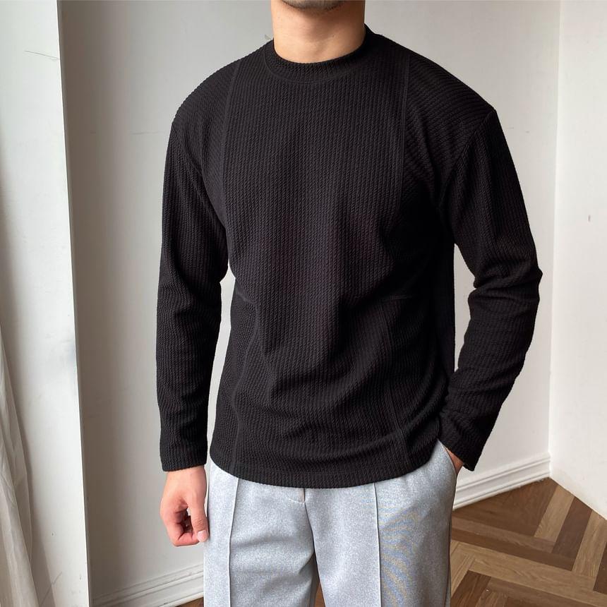 Long Sleeve Mock Neck Waffle Panel  T-Shirt Product Image