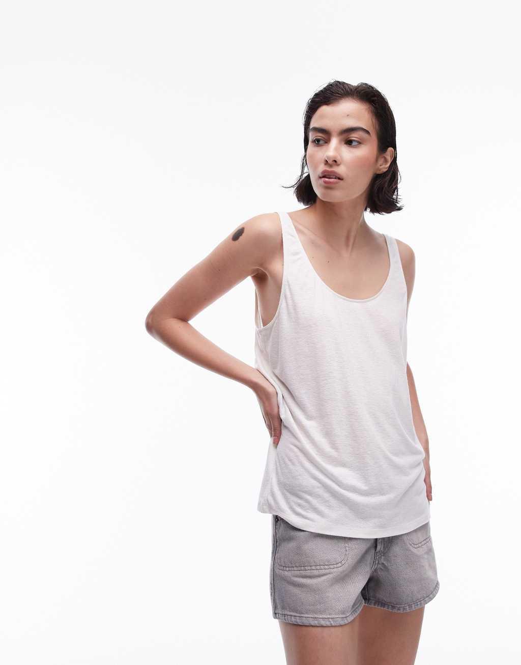 Topshop linen look scoop neck tank top in white Product Image