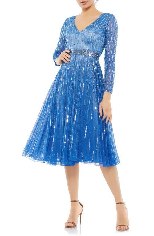 Mac Duggal Sequin Stripe Long Sleeve A-Line Dress Product Image