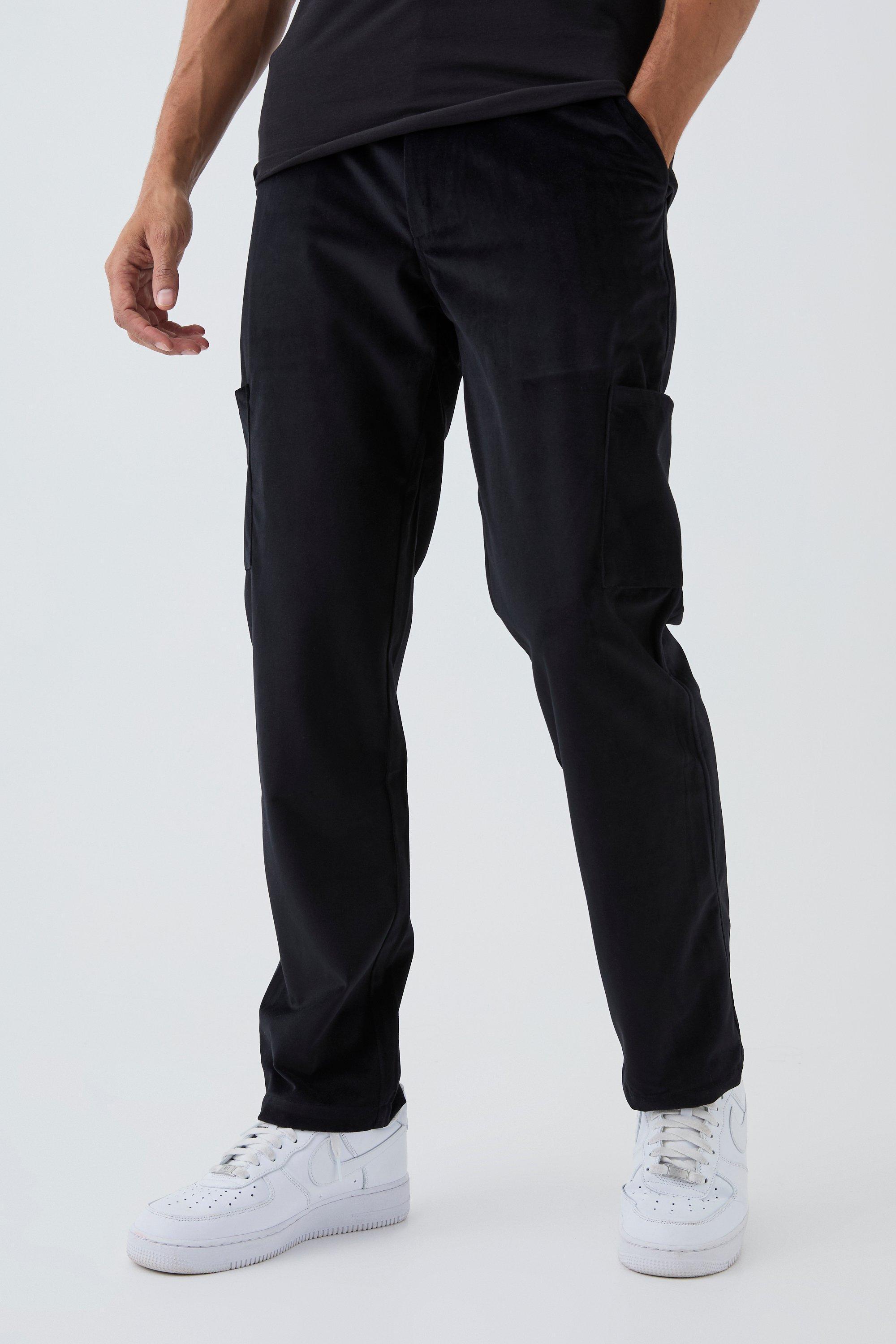 Mens Black Fixed Waist Straight Leg Suede Cargo Trousers, Black product image