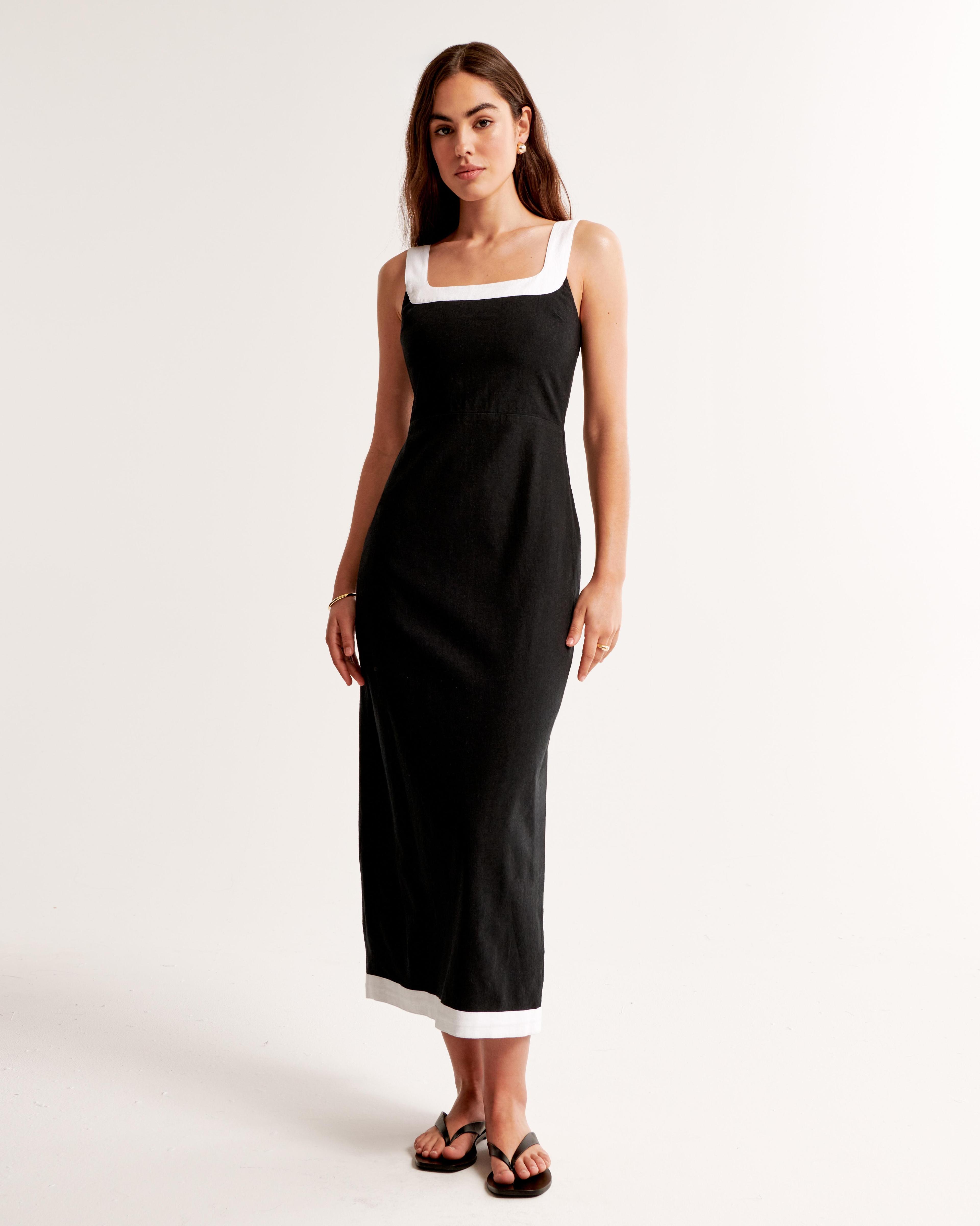 Linen-Blend Squareneck Column Midi Dress Product Image