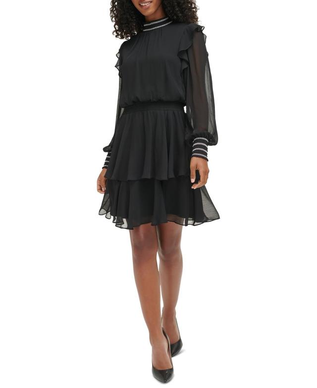 Karl Lagerfeld Paris Womens Smocked-Trim Tiered Dress Product Image