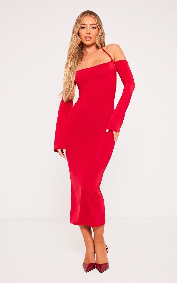 Red Slinky Bardot Tie Neck Midi Dress Product Image