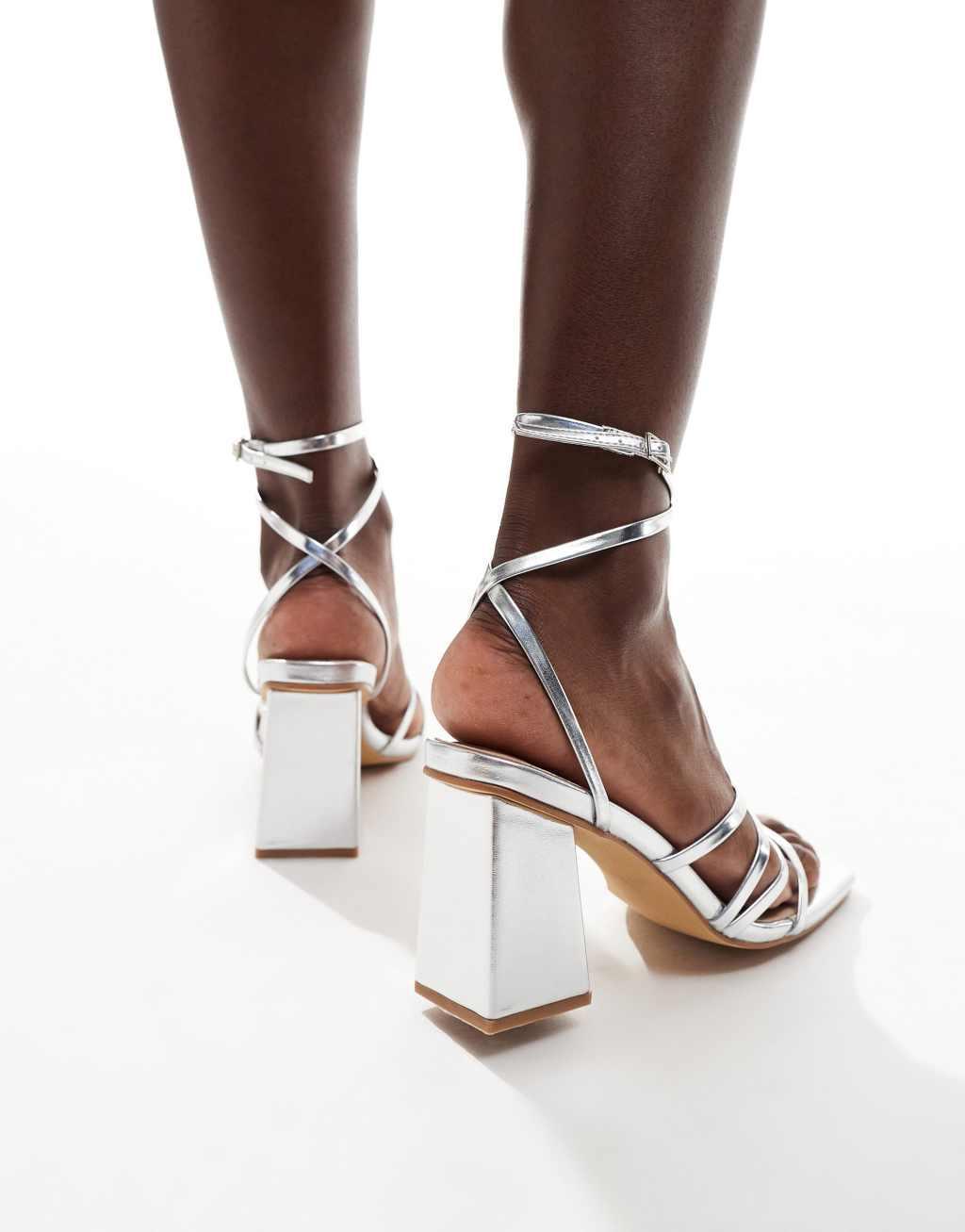 London Rebel Audrey wide fit strappy heeled sandal in silver Product Image