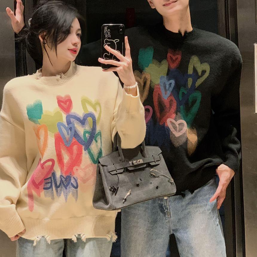 Couple Matching Round Neck Heart Print Distressed Sweater Product Image