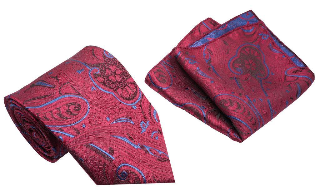 Burgundy Blue Paisley Pattern Men's Classic Tie and Pocket Square Set Product Image