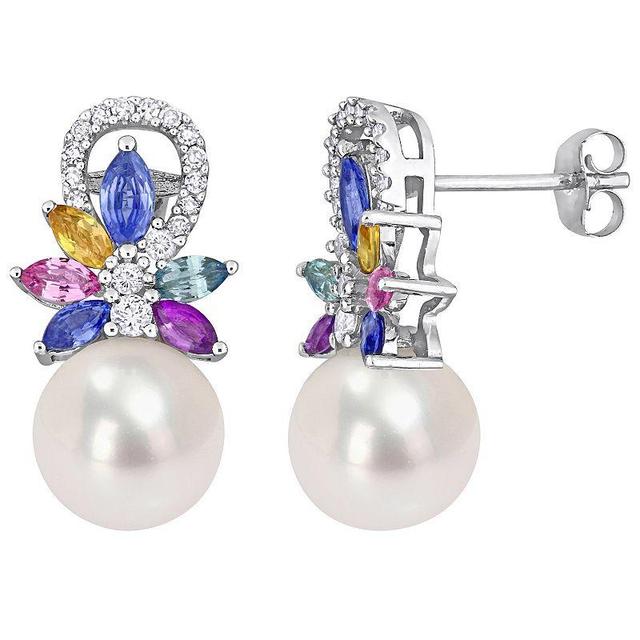 Stella Grace 14k White Gold Freshwater Cultured Pearl, Multicolor Sapphire & 1/8 Carat T.W. Diamond Flower Drop Earrings, Womens Product Image