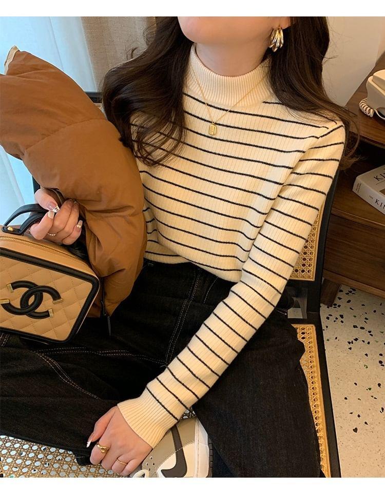 Long-Sleeve Mock Neck Striped Knit Top Product Image