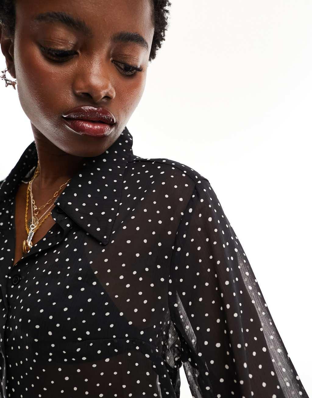 Monki long sleeve shirt in black mono dot print Product Image