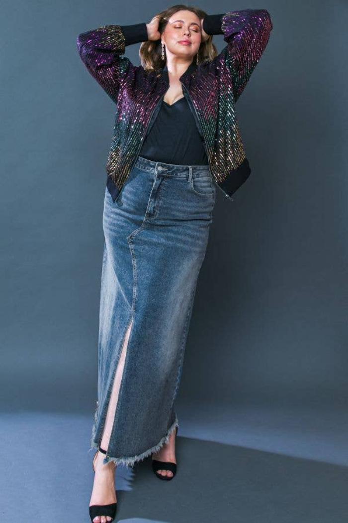 Plus Size Fray Denim Skirt Product Image