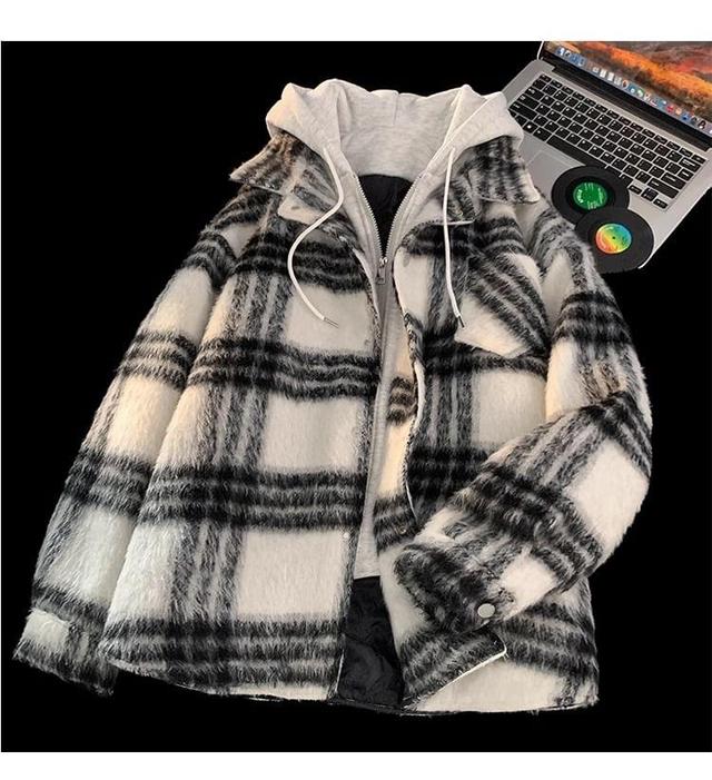 Plaid Hooded Mock Two-Piece Zip Jacket Product Image