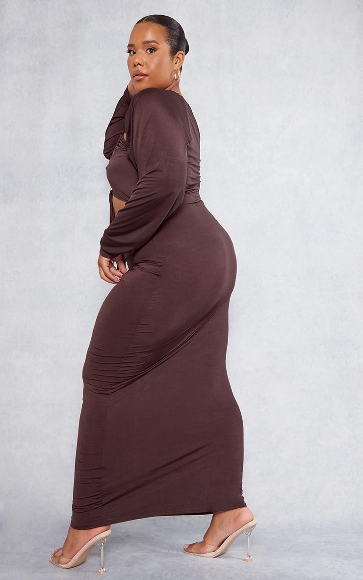 Plus Chocolate Slinky Cut Out Ruched Maxi Dress Product Image