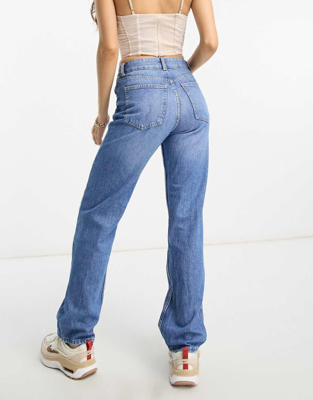 Bershka Petite straight leg jeans in mid blue Product Image