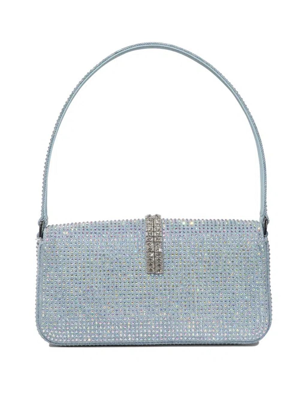 Self Portrait Rhinestone Denim Shoulder Bag In Light Blue Product Image