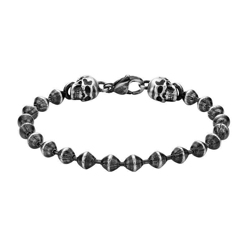 LYNX Mens Stainless Steel Skull Beaded Bracelet Grey Product Image