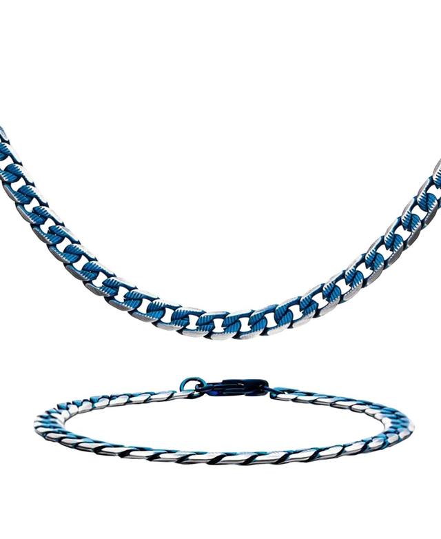 Mens 6 mm Blue Plated Stainless Steel Curb Chain Necklace & Bracelet Set Product Image