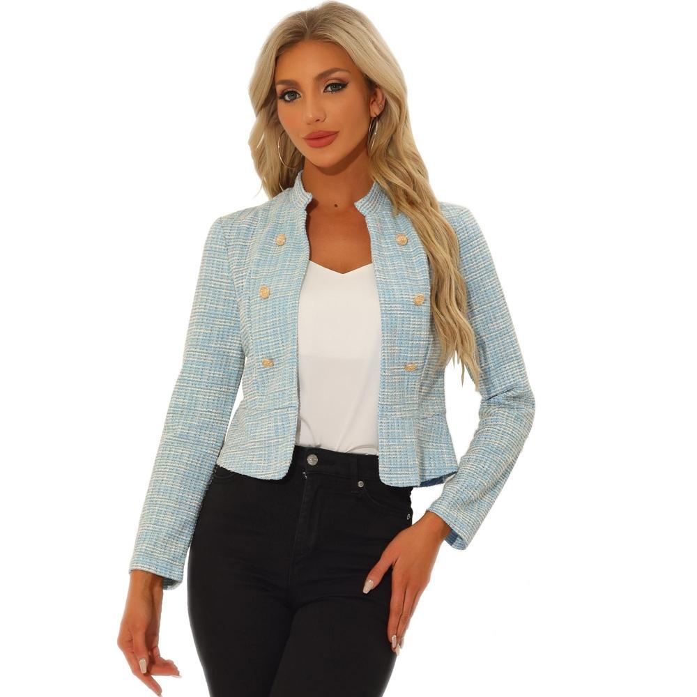 Allegra K Women's Tweed Stand Collar Business Open Front Cropped Jacket Light Blue Small Product Image