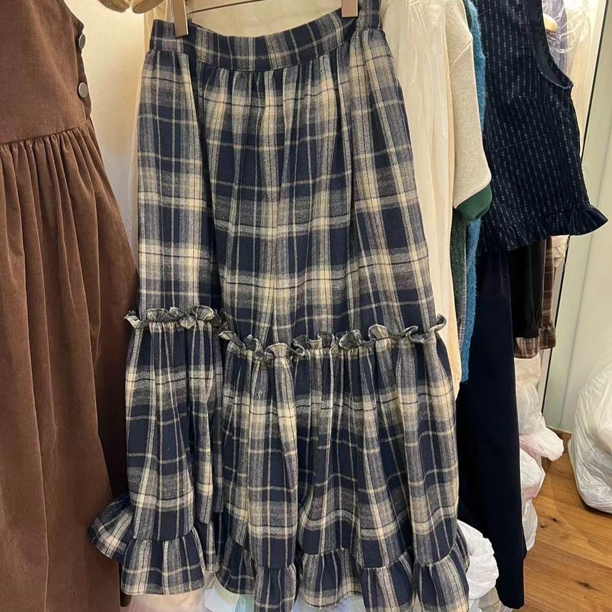 High Waist Plaid Ruffled-Trim Midi A-Line Skirt Product Image