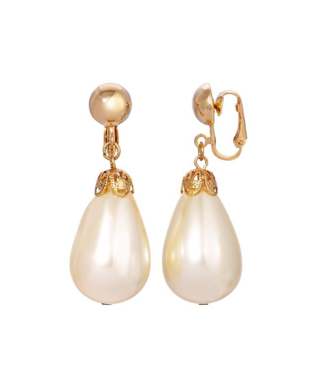 1928 Gold Tone Pear-Shaped Faux Pearl Clip-On Earrings, Womens, White Product Image