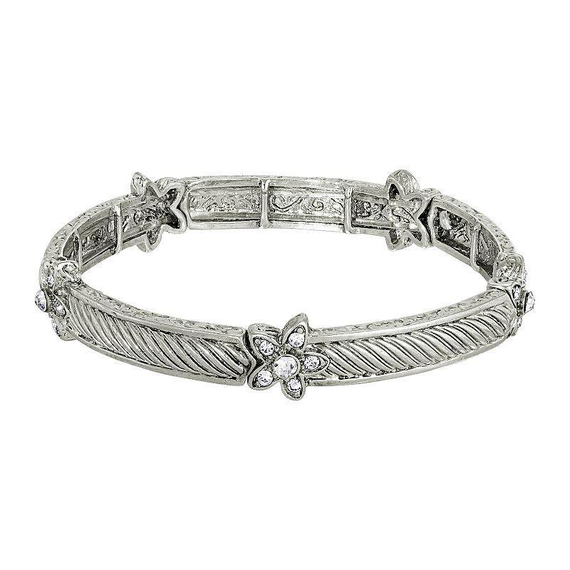 1928 Silver-Tone Crystal Flower Stretch Bracelet, One Size , White Product Image