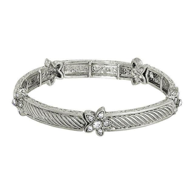 1928 Silver Tone Crystal Flower Stretch Bracelet, Womens, White Product Image