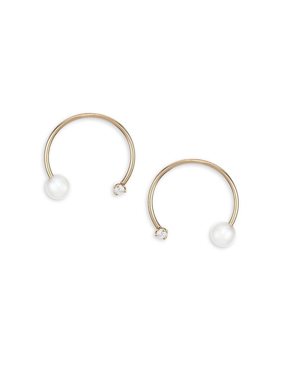 Womens 14K Yellow Gold Open Circle 4MM Pearl & Diamond Stud Earrings Product Image