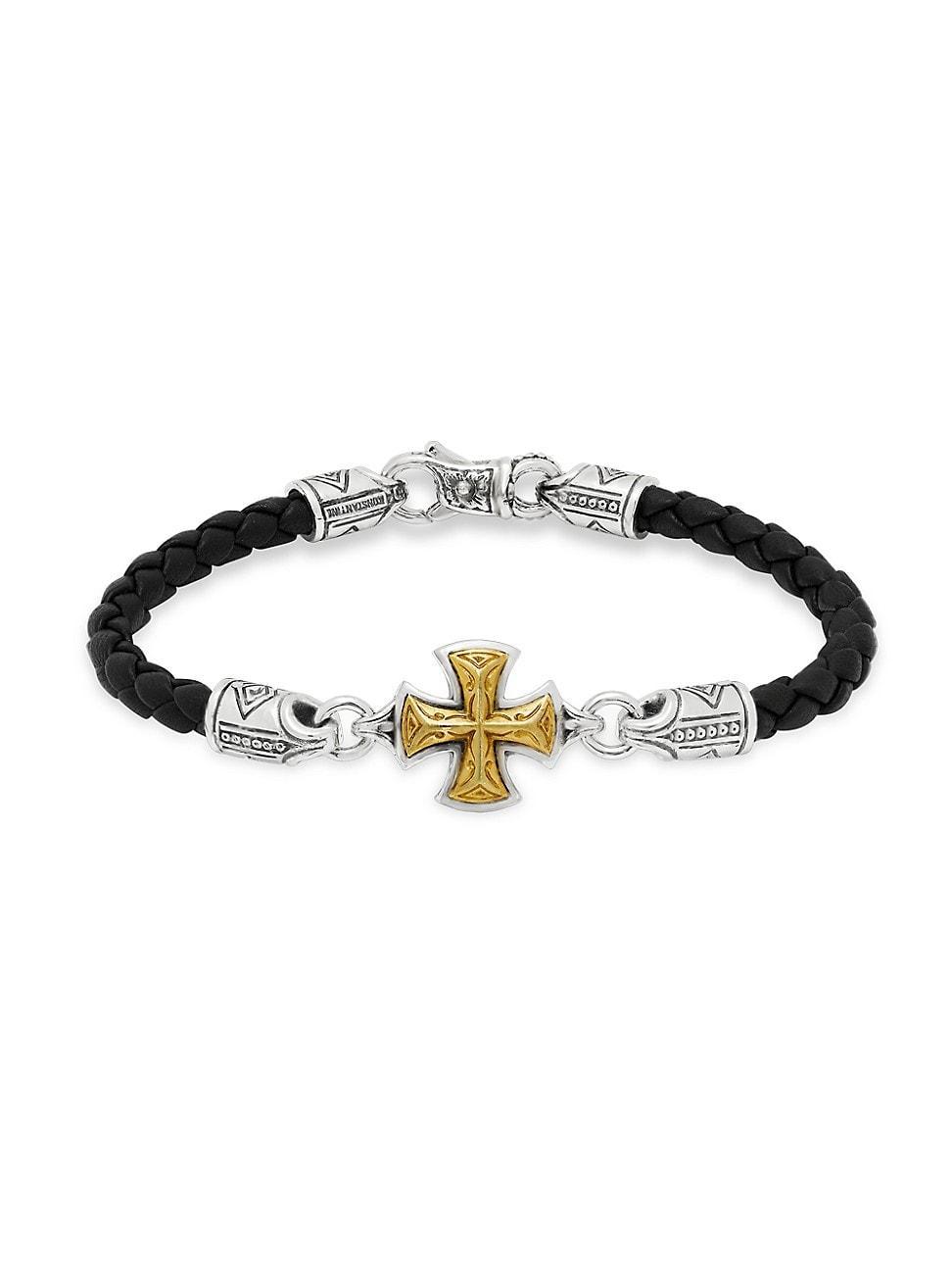 Womens Perseus Sterling Silver & Bronze Woven Leather Cross Bracelet Product Image