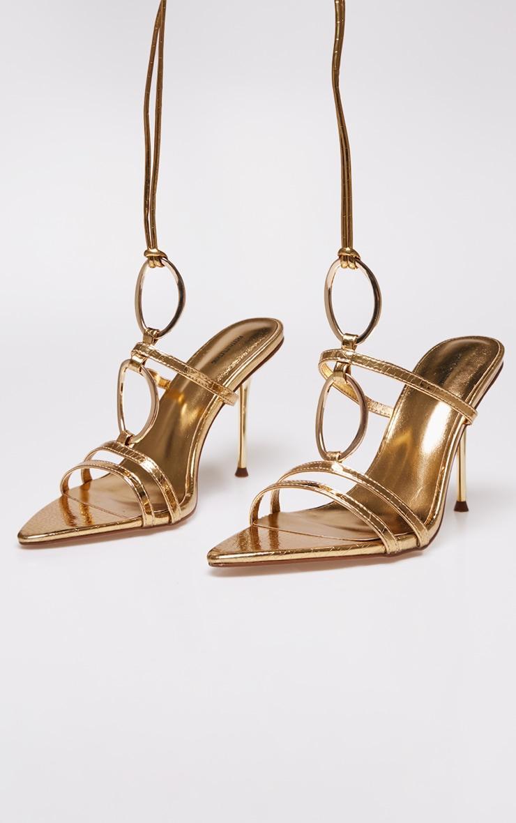 Gold Croc Pu Point Toe Ring Detail Lace Up Heeled Sandals Product Image