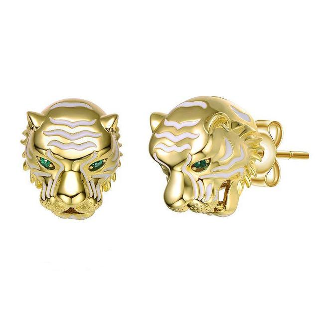 14k Gold Plated Green Cubic Zirconia White Enamel Tiger Head Stud Earrings, Womens, Gold Tone Product Image